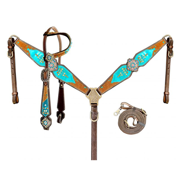 Showman Cheetah Print Headstall, Breast Collar, Reins Set With